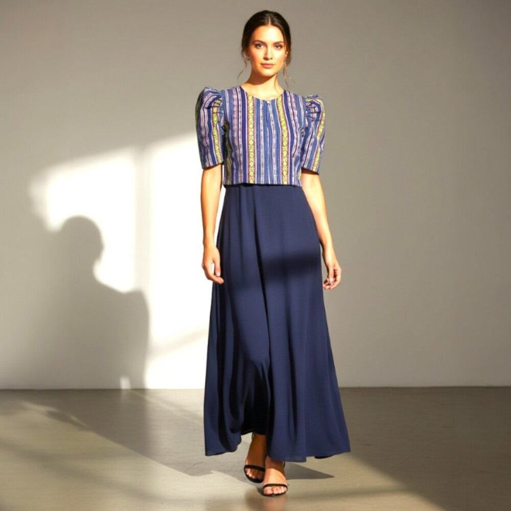 Navy-blue/Multicolored Woven Fabric Ethnic Bolero with Mestiza Sleeves